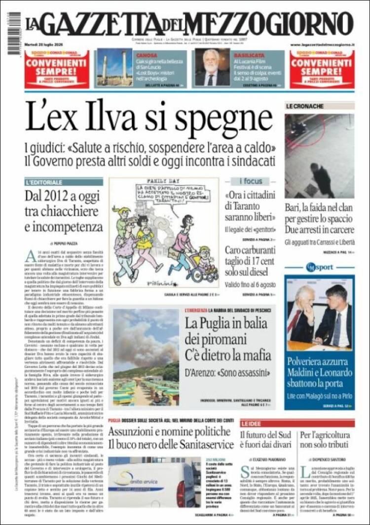 Portada de La Gazzetta del Mezzogiorno (Italia)