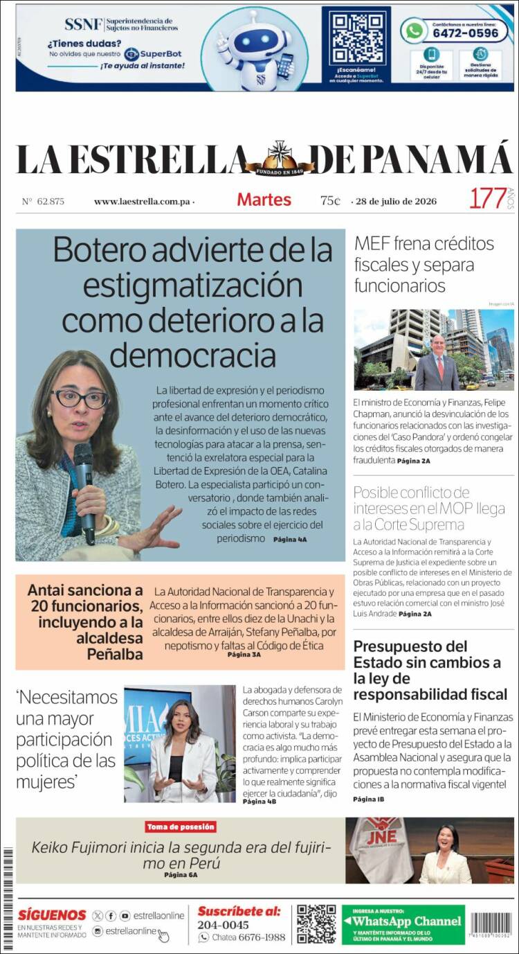 Portada de La Estrella de Panamá (Panam&aacute;)