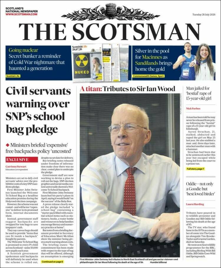 Portada de The Scotsman (Reino Unido)