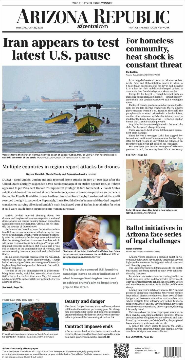 Portada de Arizona Republic News (USA)