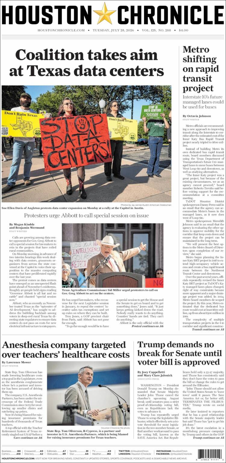 Portada de Houston Chronicle (USA)