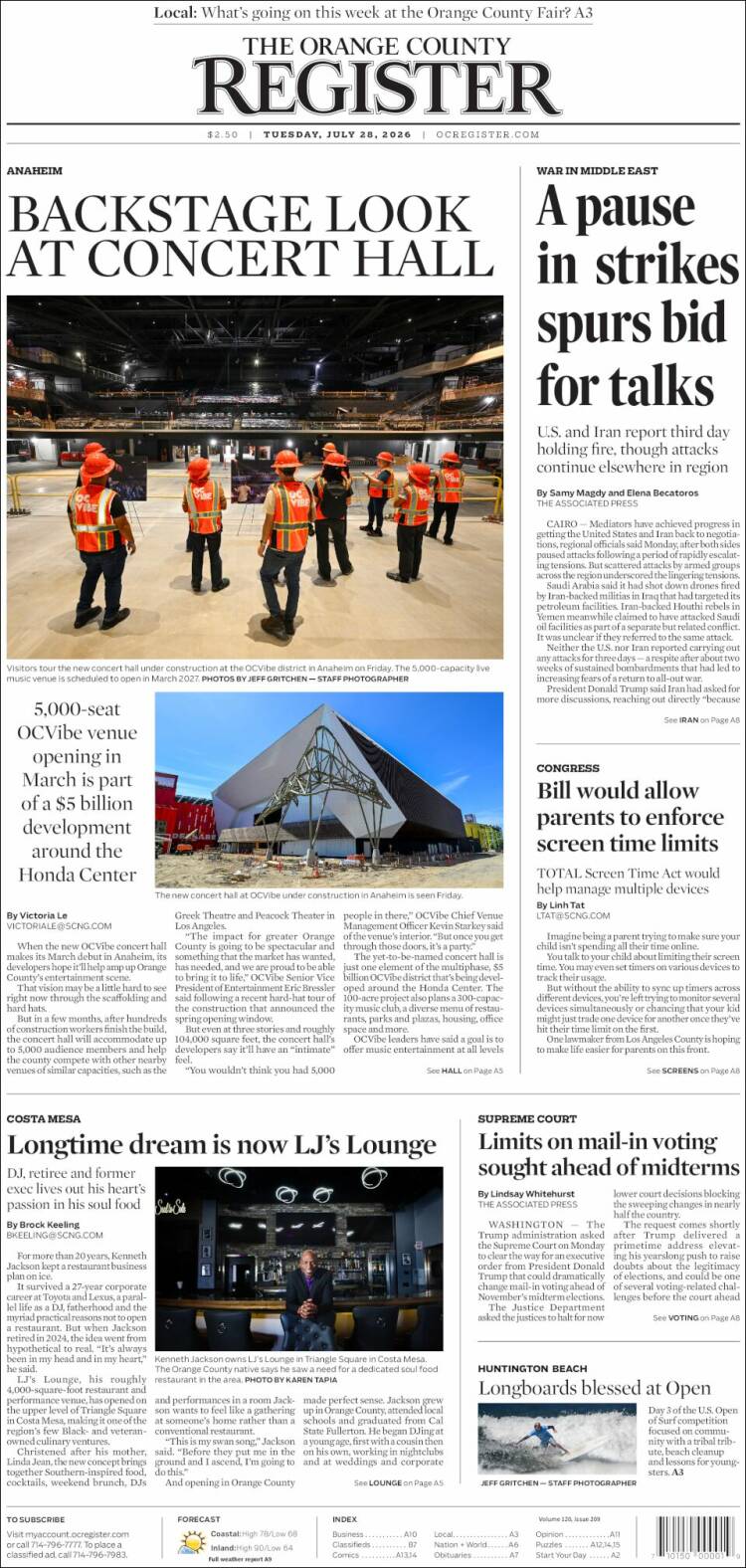 Portada de The Orange County Register (&Eacute;tats-Unis)