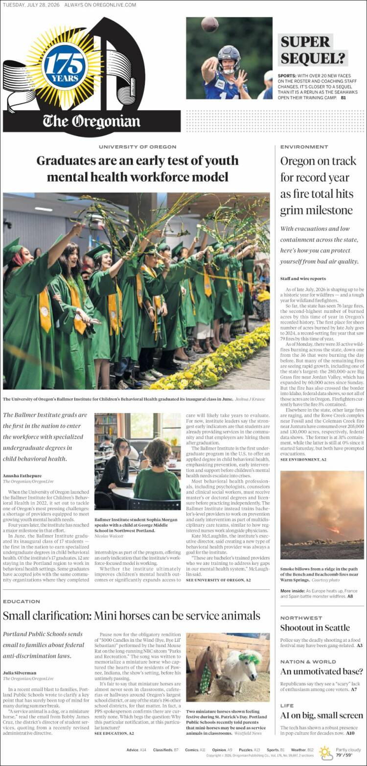 Portada de The Oregonian (USA)
