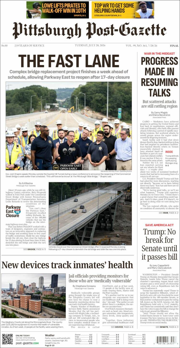Portada de Pittsburgh Post-Gazette (USA)
