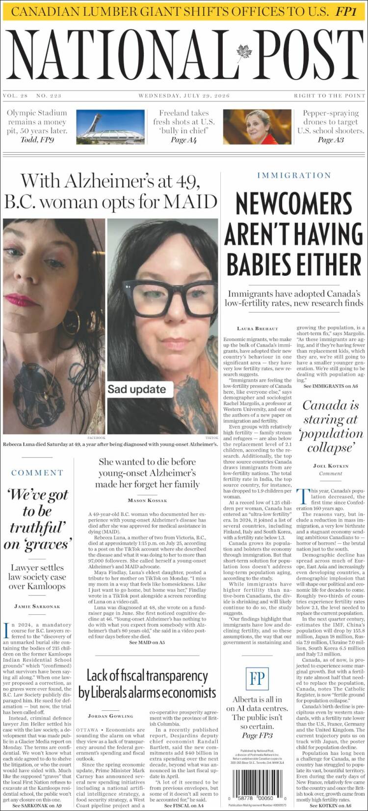 Portada de The National Post (Canad&aacute;)