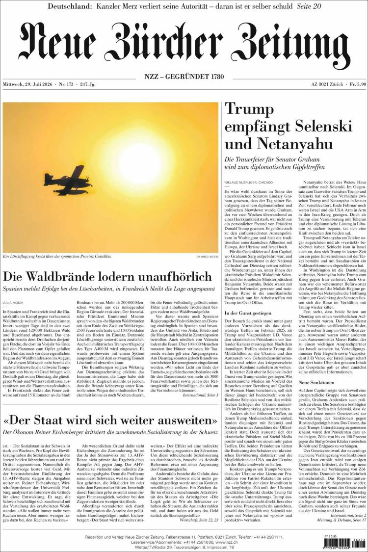 Portada de Neue Zürcher Zeitung (Suiza)
