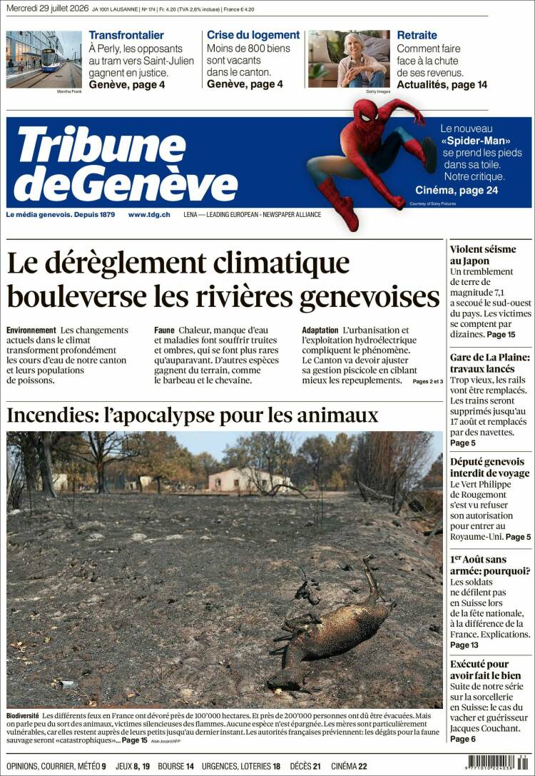 Portada de La Tribune de Genève (Suiza)