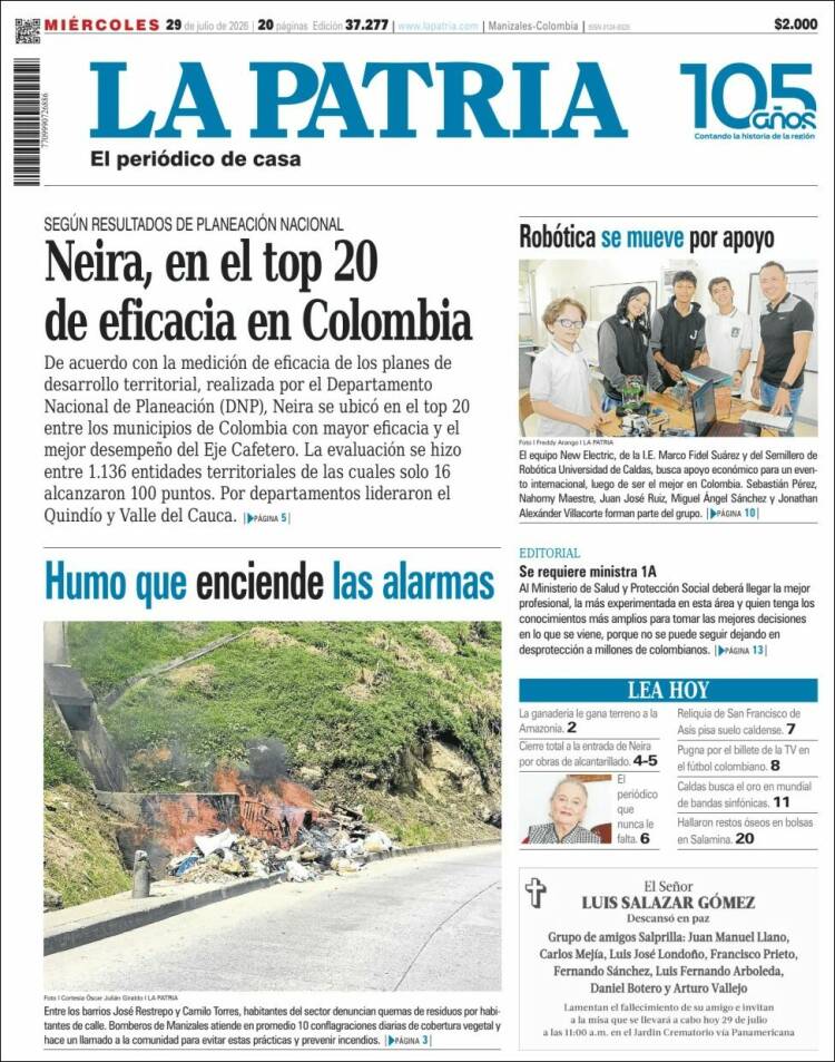 Portada de La Patria (Colombia)