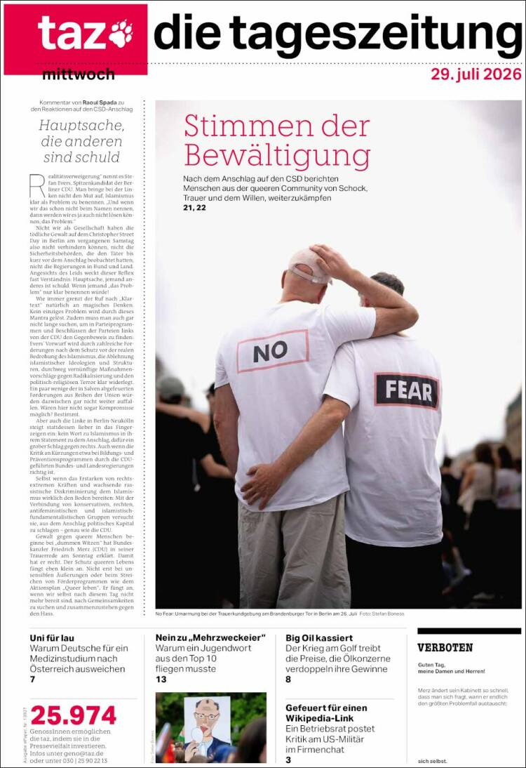 Portada de Die Tageszeitung (Alemania)