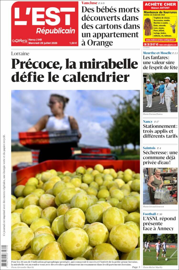 Portada de L'Est Republicain (Francia)