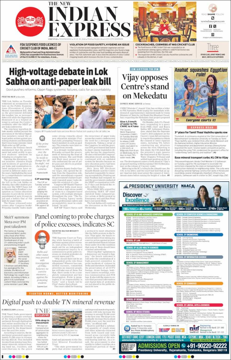 Portada de New Indian Express (India)