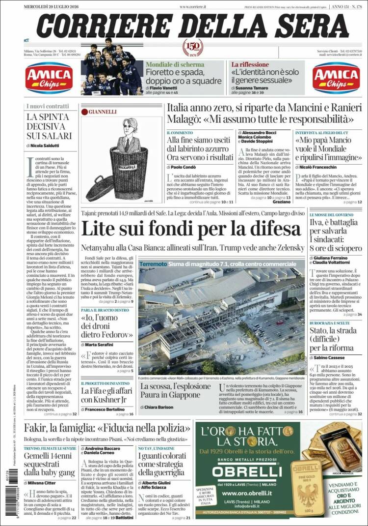 Portada de Corriere della Sera (Italia)