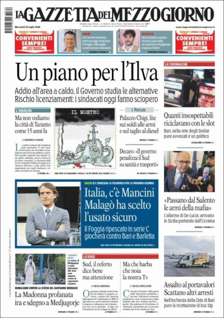 Portada de La Gazzetta del Mezzogiorno (Italia)