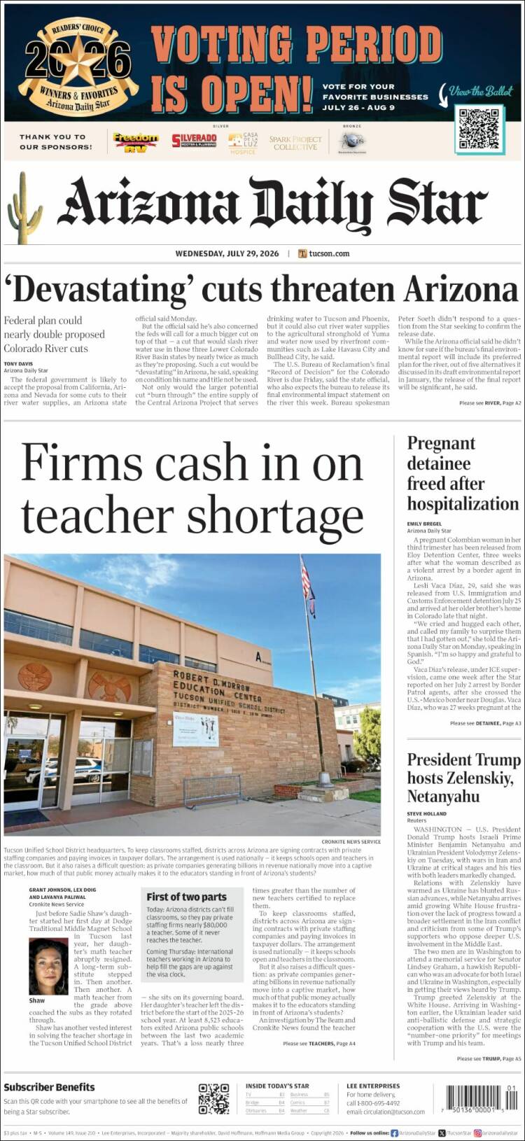 Portada de Arizona Daily Star (USA)