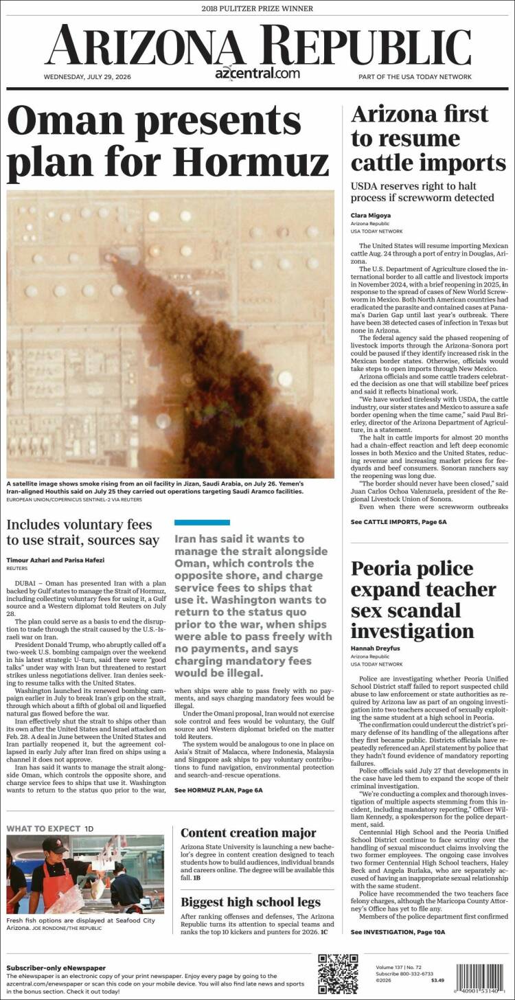 Portada de Arizona Republic News (USA)