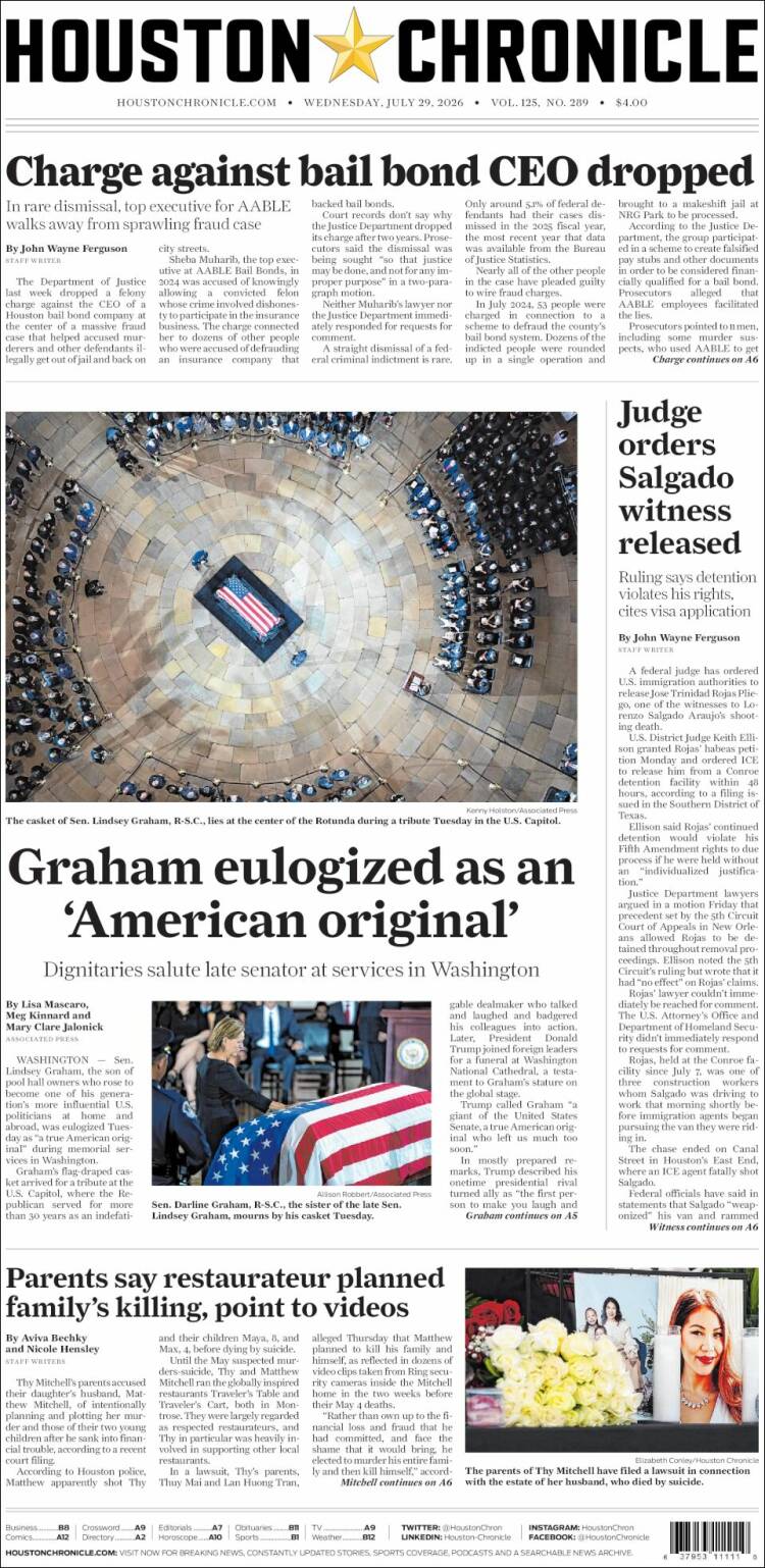 Portada de Houston Chronicle (USA)