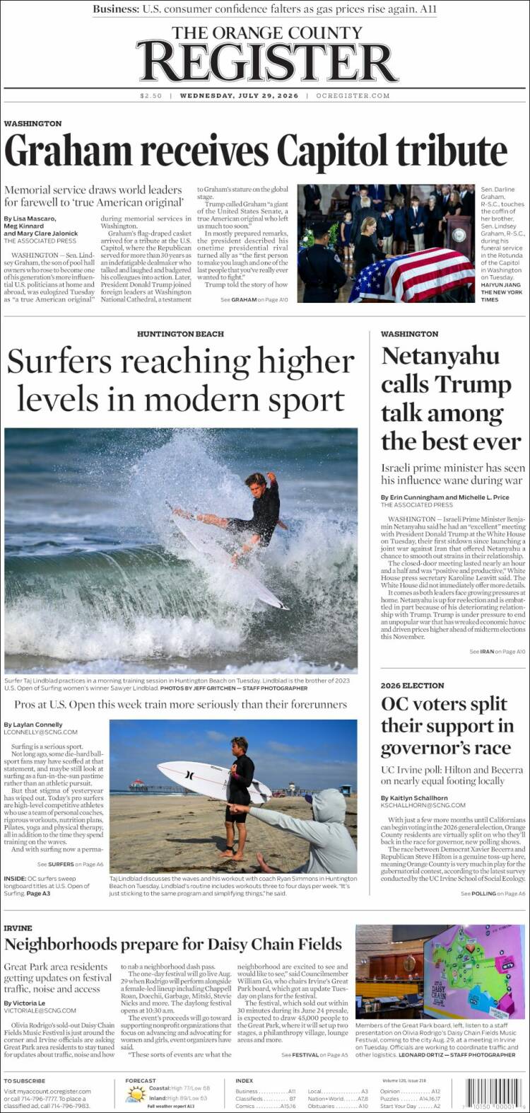 Portada de The Orange County Register (USA)