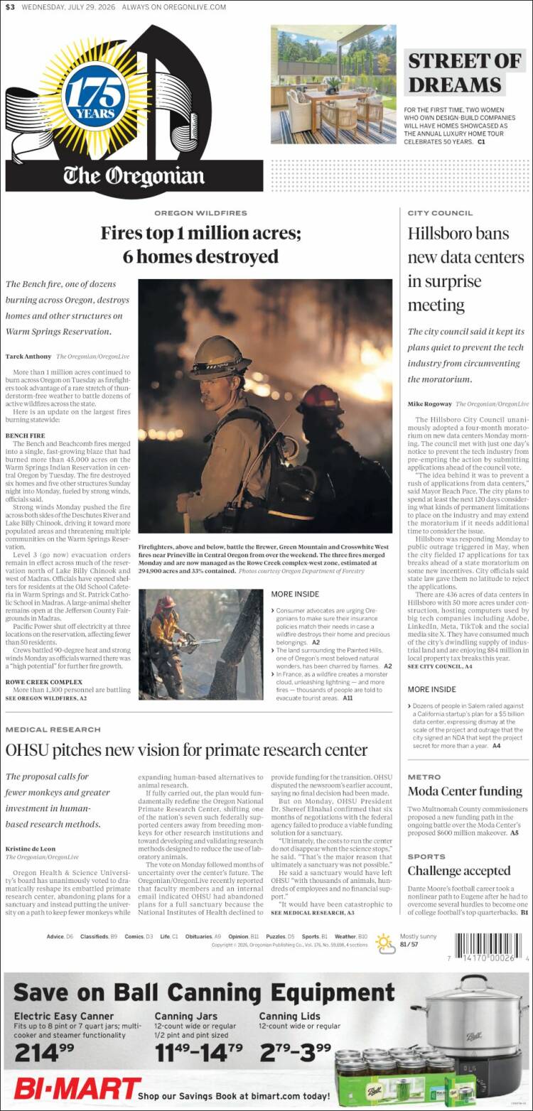Portada de The Oregonian (USA)