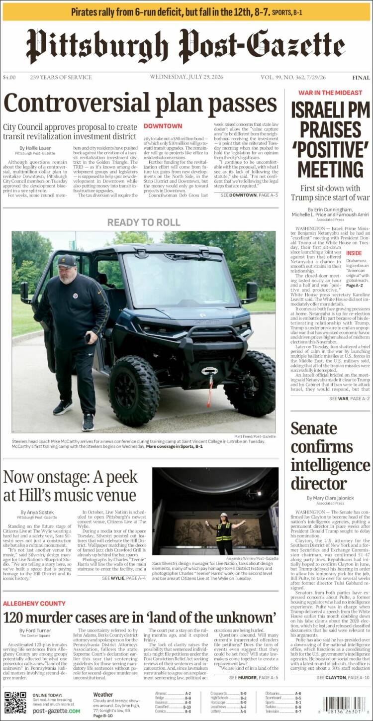 Portada de Pittsburgh Post-Gazette (USA)