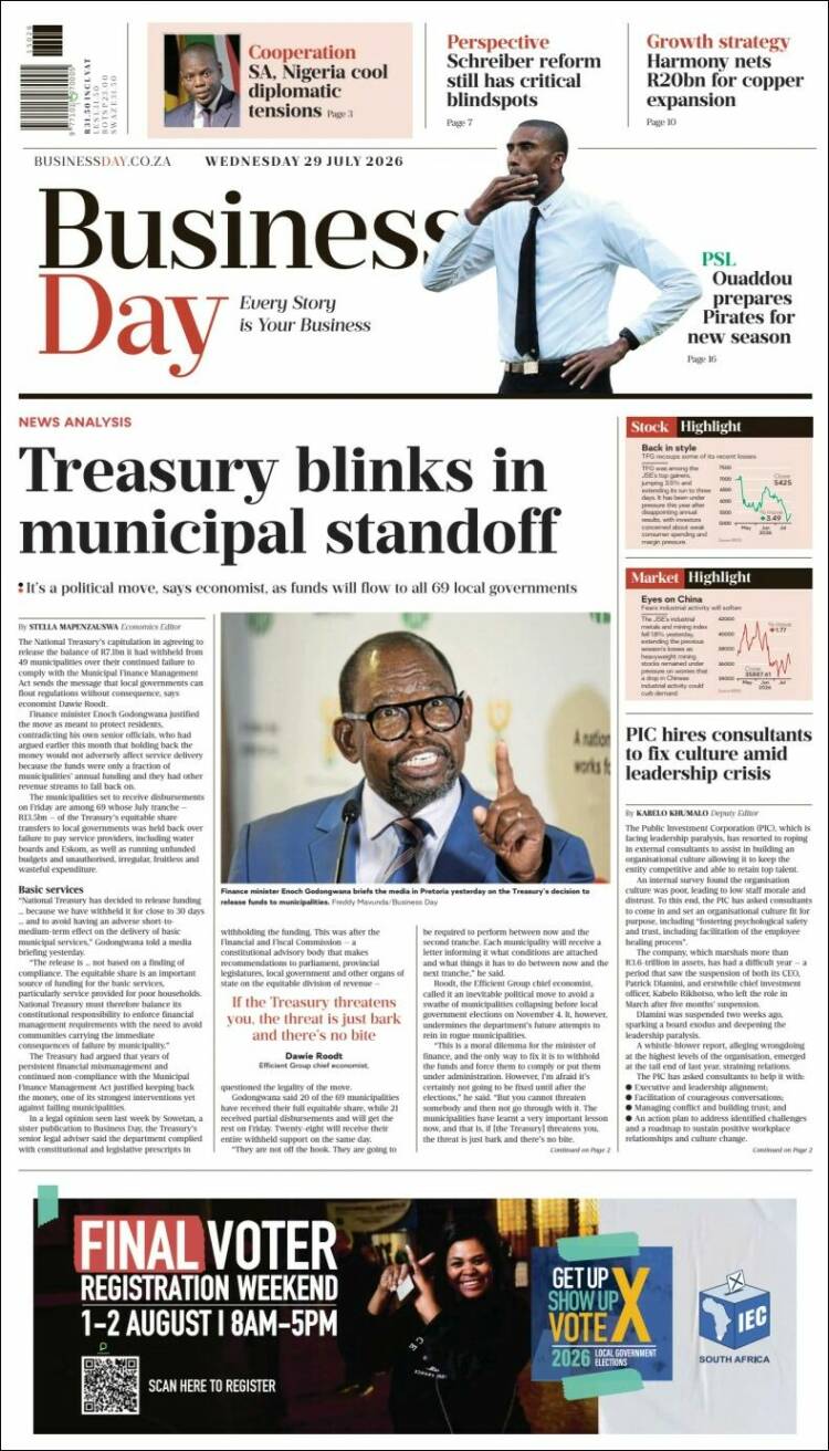 Portada de Business Day (Sud&aacute;frica)