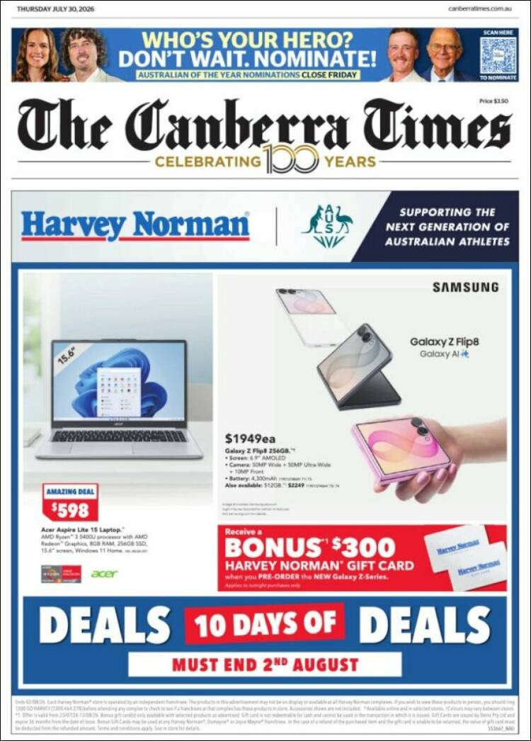 Portada de The Canberra Times (Australia)