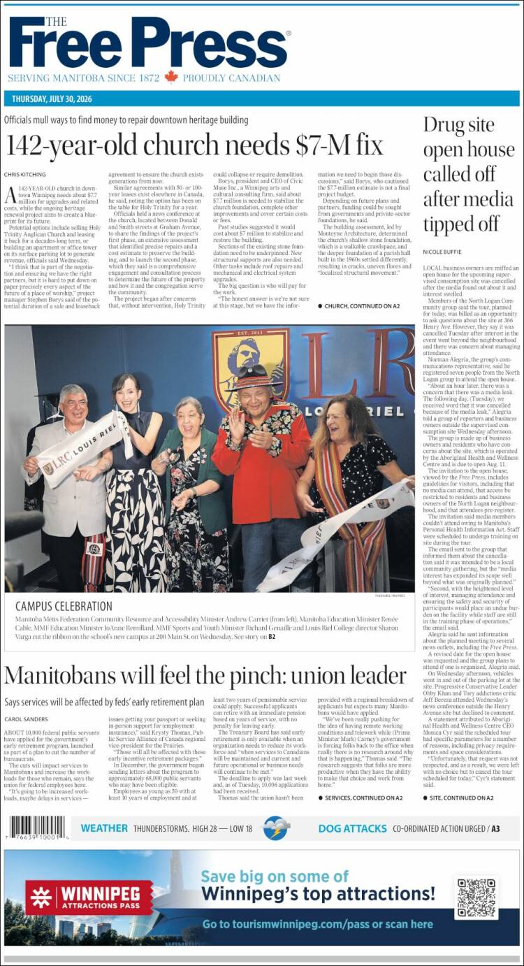 Portada de Winnipeg Free Press (Canad&aacute;)