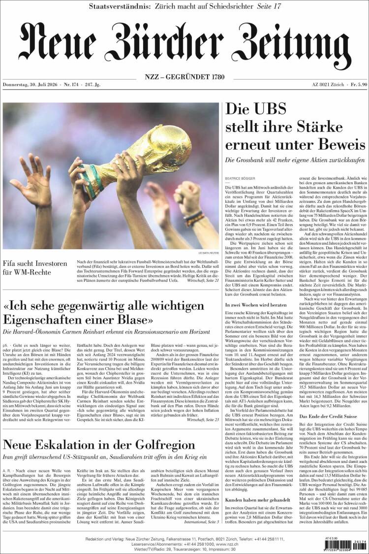 Portada de Neue Zürcher Zeitung (Suiza)