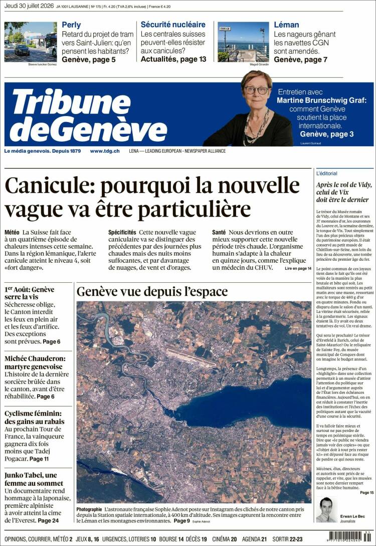 Portada de La Tribune de Genève (Suiza)