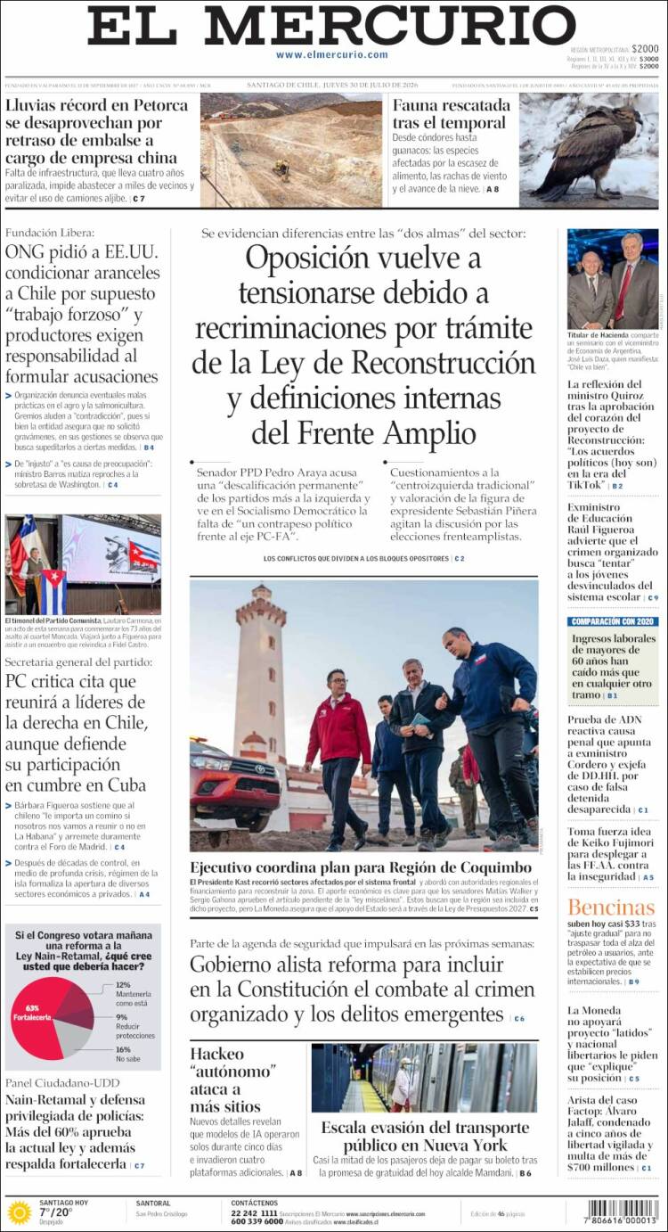 Portada de El Mercurio (Chile)