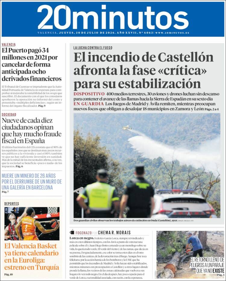 Portada de 20 Minutos - Valencia (Espa&ntilde;a)
