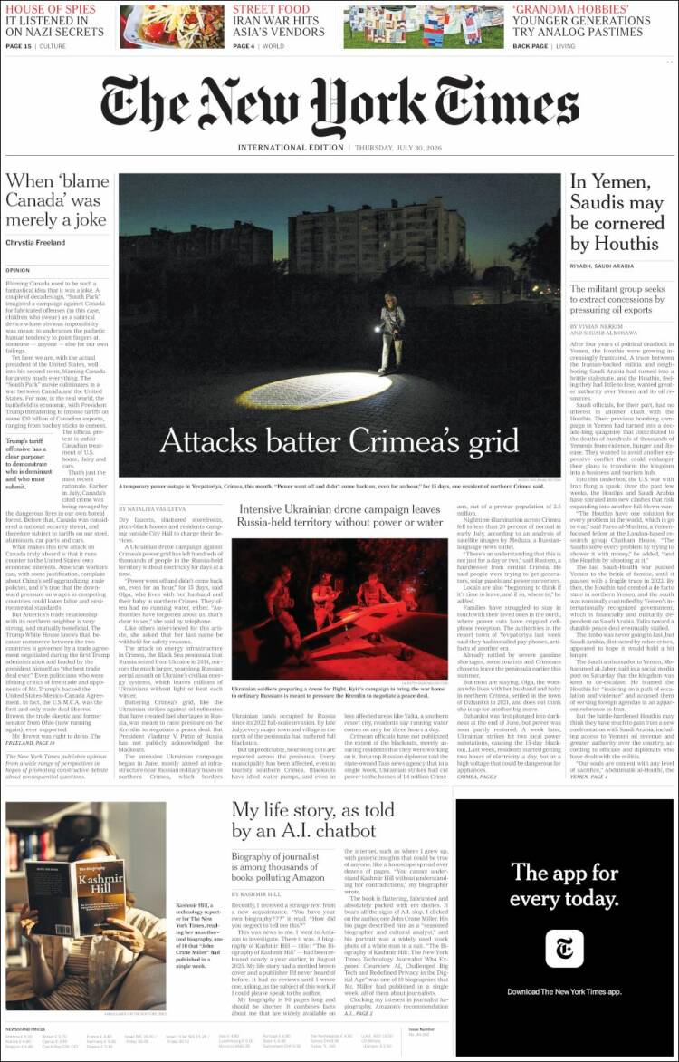 Portada de International New York Times (Europa)