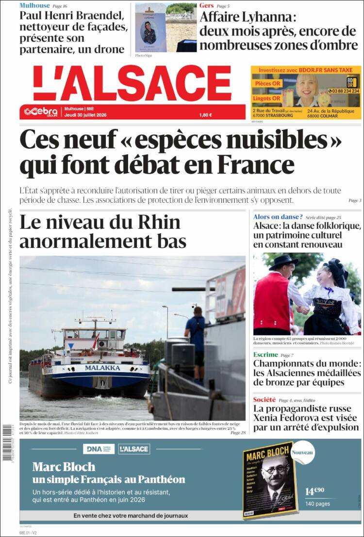 Portada de Journal L'Alsace (Francia)