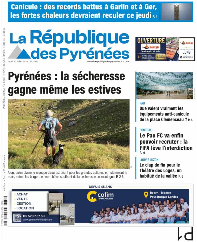Portada de La République des Pyrénées (Francia)