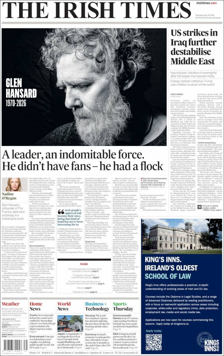 Portada de Irish Times (Irlanda)