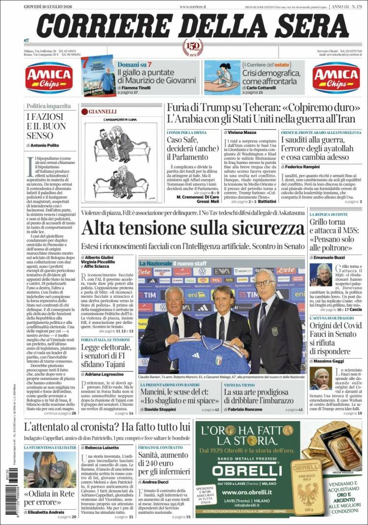 Portada de Corriere della Sera (Italia)