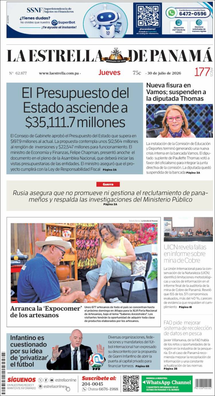 Portada de La Estrella de Panamá (Panam&aacute;)