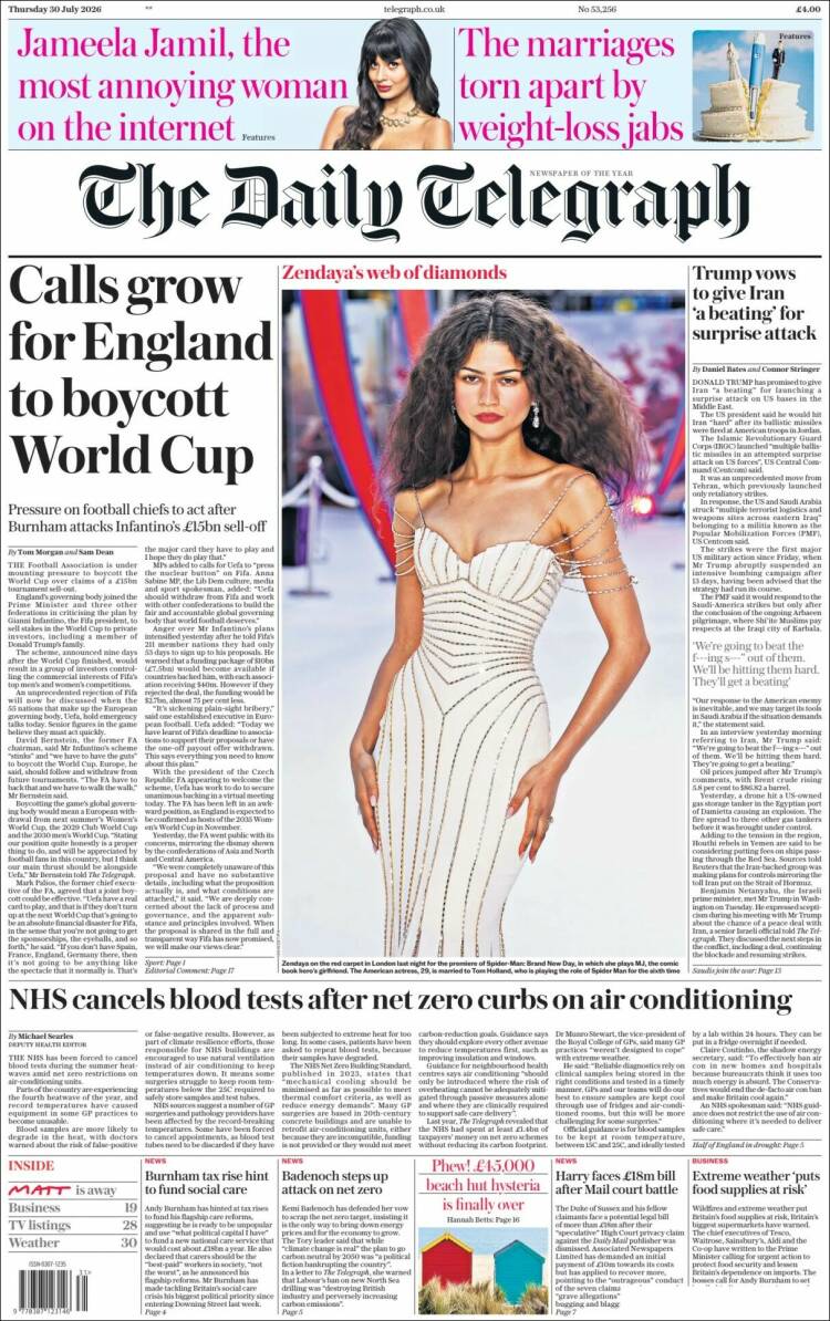 Portada de Daily Telegraph (Reino Unido)