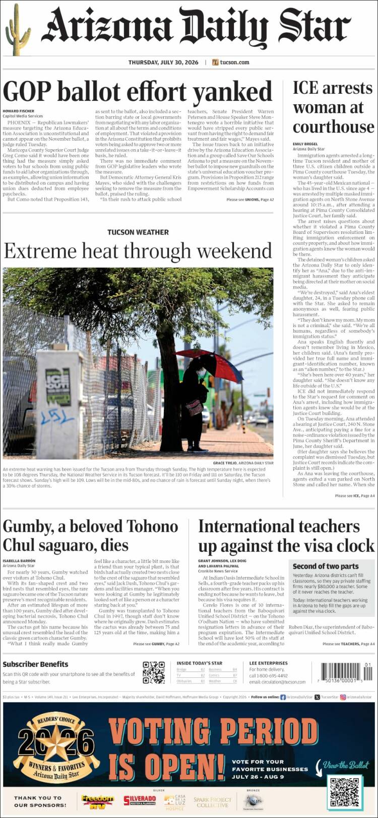 Portada de Arizona Daily Star (USA)