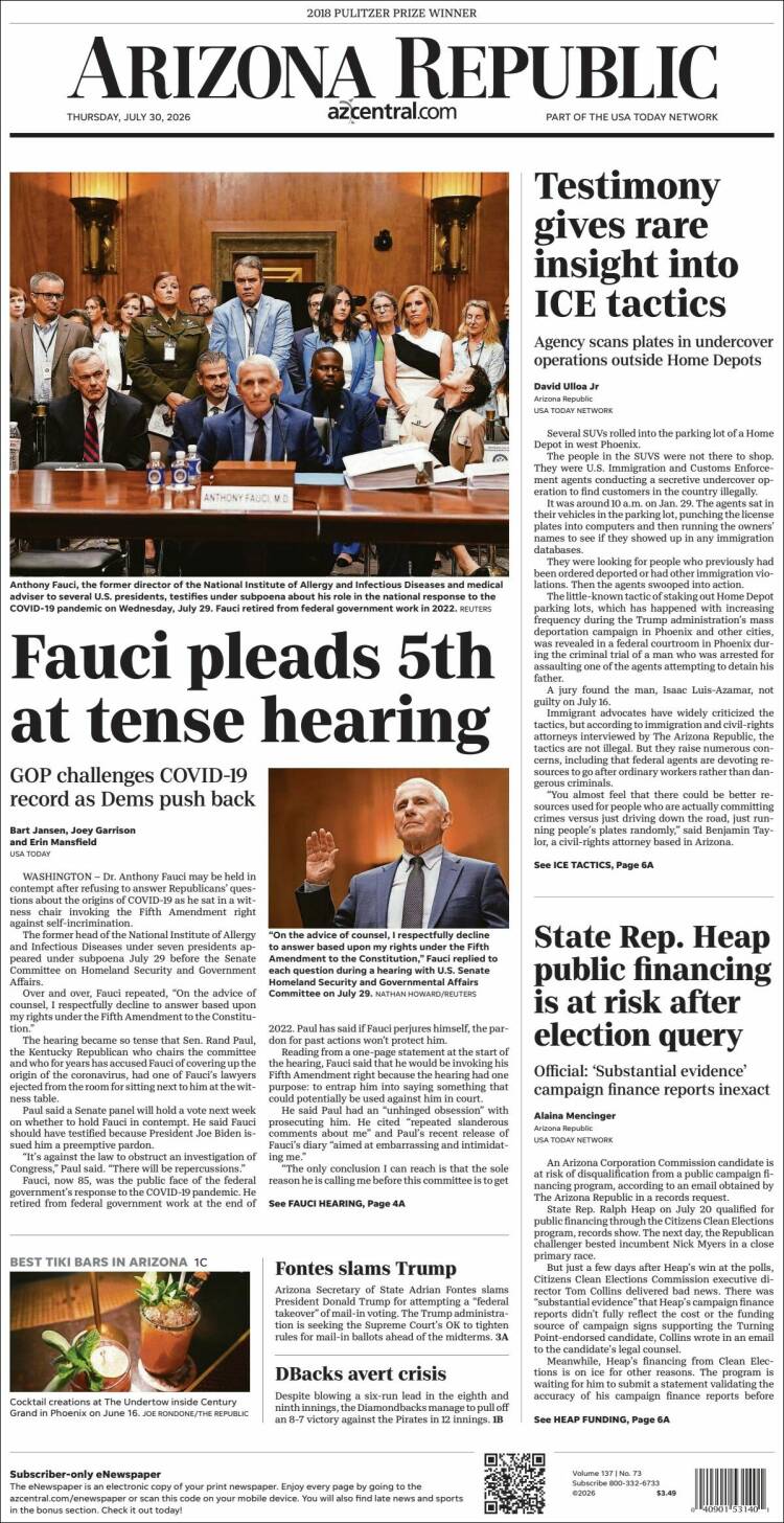Portada de Arizona Republic News (USA)