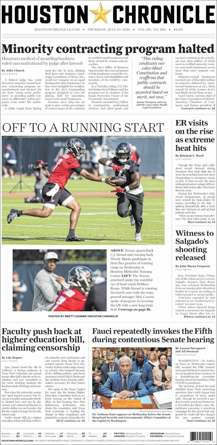 Portada de Houston Chronicle (USA)