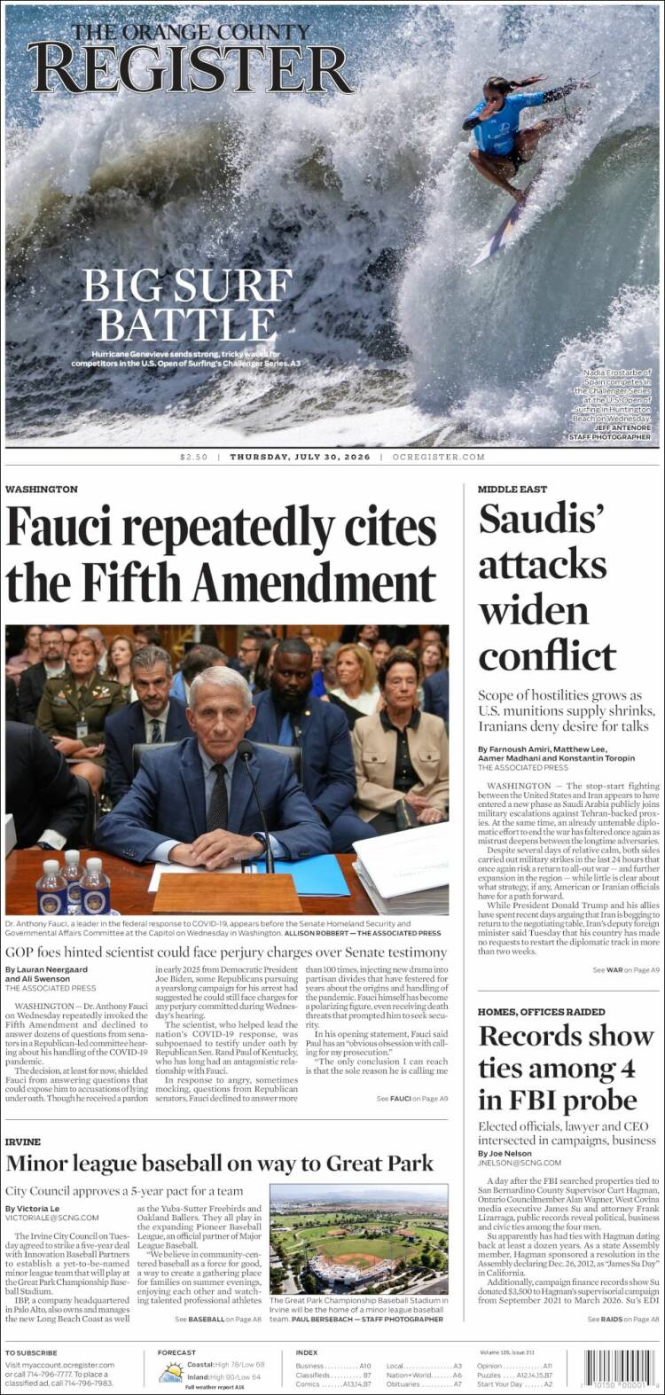 Portada de The Orange County Register (USA)