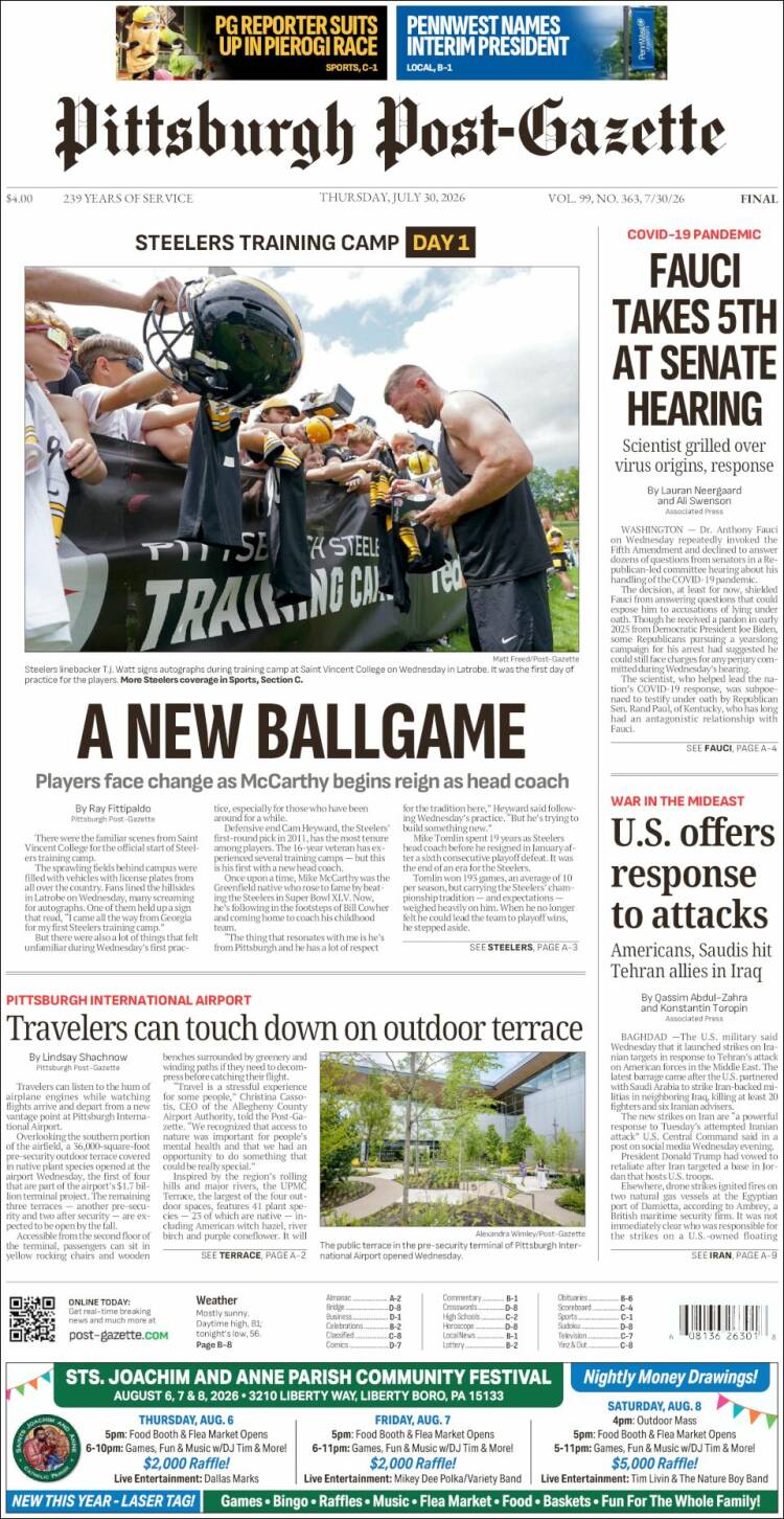 Portada de Pittsburgh Post-Gazette (USA)
