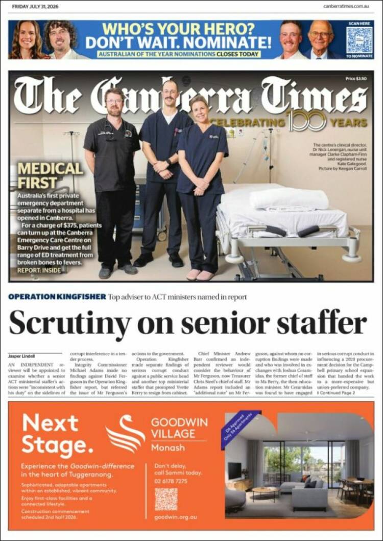 Portada de The Canberra Times (Australia)