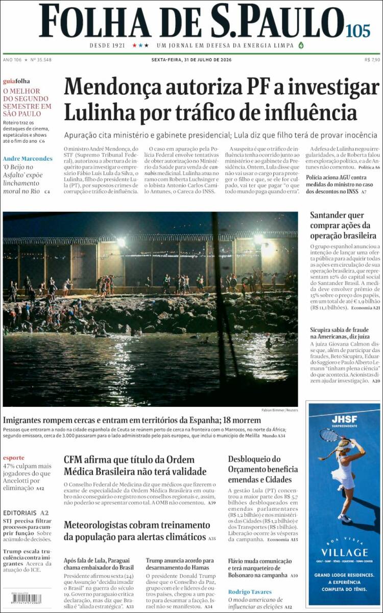 Portada de Folha de São Paulo (Brasil)