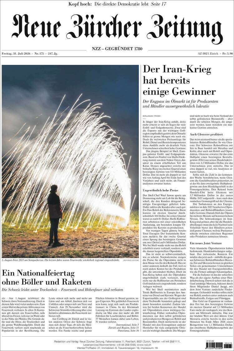 Portada de Neue Zürcher Zeitung (Suiza)