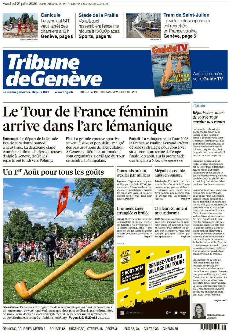 Portada de La Tribune de Genève (Suiza)