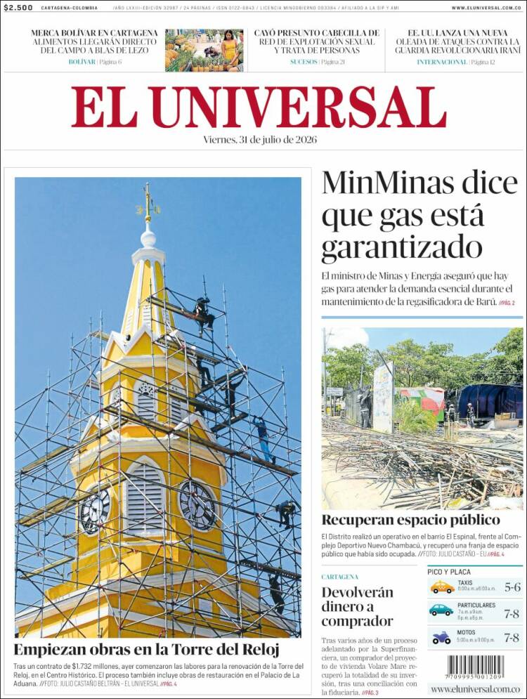 Portada de El Universal (Colombia)