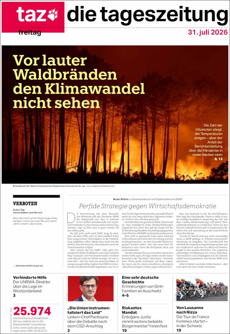 Portada de Die Tageszeitung (Alemania)