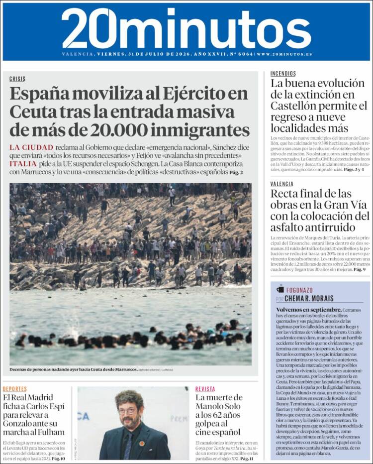 Portada de 20 Minutos - Valencia (Espa&ntilde;a)