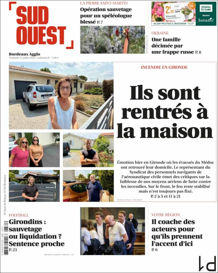 Portada de Sud Ouest (Francia)